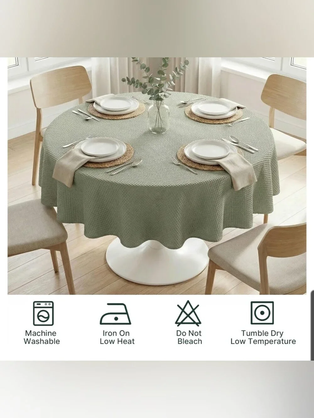 Waffle-Texture 70 Inch Round Tablecloth in Sage Green
